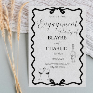 Wavy Engagement Party Invitation, Hand Drawn Style Champagne DIY, Printable Card for Newly Engaged Couple, Editable Template