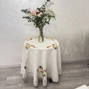 Round linen tablecloth. Oval tablecloth with embroidered flowers. Birthday milestone gift. Linen table cover. Ukrainian decor