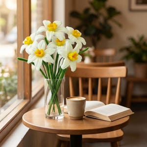 Op de afbeelding: Een boeket witte narcissen met gele centra en groene stelen in een heldere glazen vaas. De vaas staat op een ronde houten tafel naast een kopje koffie en een open boek. Natuurlijk licht.