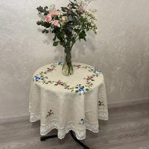 Round linen tablecloth. Oval tablecloth with embroidered flowers. Birthday milestone gift. Linen table cover. Ukrainian decor