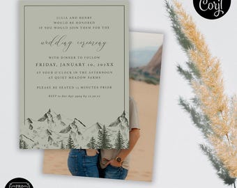 May include: Wedding invitation with a mountain and tree illustration at the bottom. The invitation text reads "Julia and Henry would be honored if you would join them for the wedding ceremony" with the date and time. The invitation is light green.