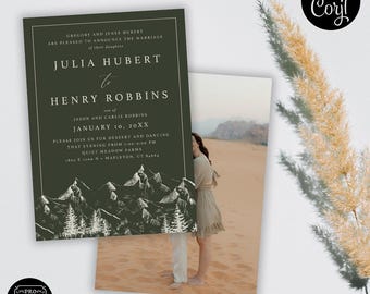 May include: Two wedding announcement cards. The front card is dark green with white text announcing the marriage of Julia Hubert to Henry Robbins. The card includes a mountain and tree illustration. The second card is a photo of a couple.