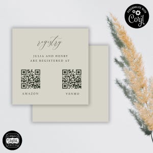 May include: A light beige registry card with the word "registry" in elegant script. The names "JULIA AND HENRY" are printed below, followed by "ARE REGISTERED AT". Two QR codes are below, with "AMAZON" and "VENMO" printed below each code. The card is layered on a second beige card.