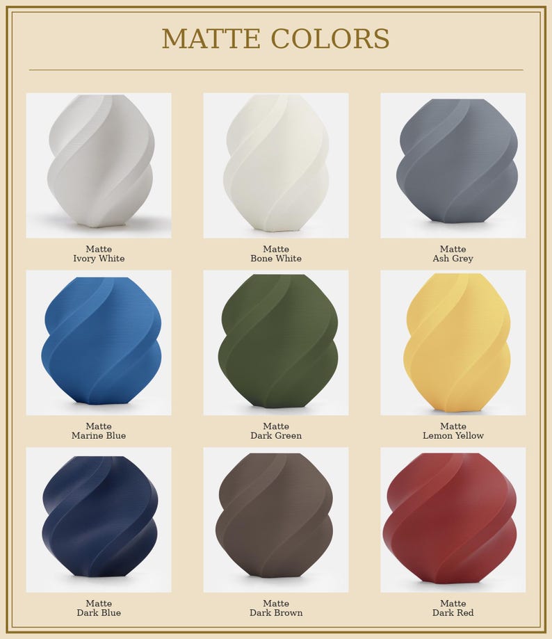 May include: A display of nine matte-finish decorative vases in various colors, including ivory white, bone white, ash grey, marine blue, dark green, lemon yellow, dark blue, dark brown, and dark red. The text "MATTE COLORS" is at the top.