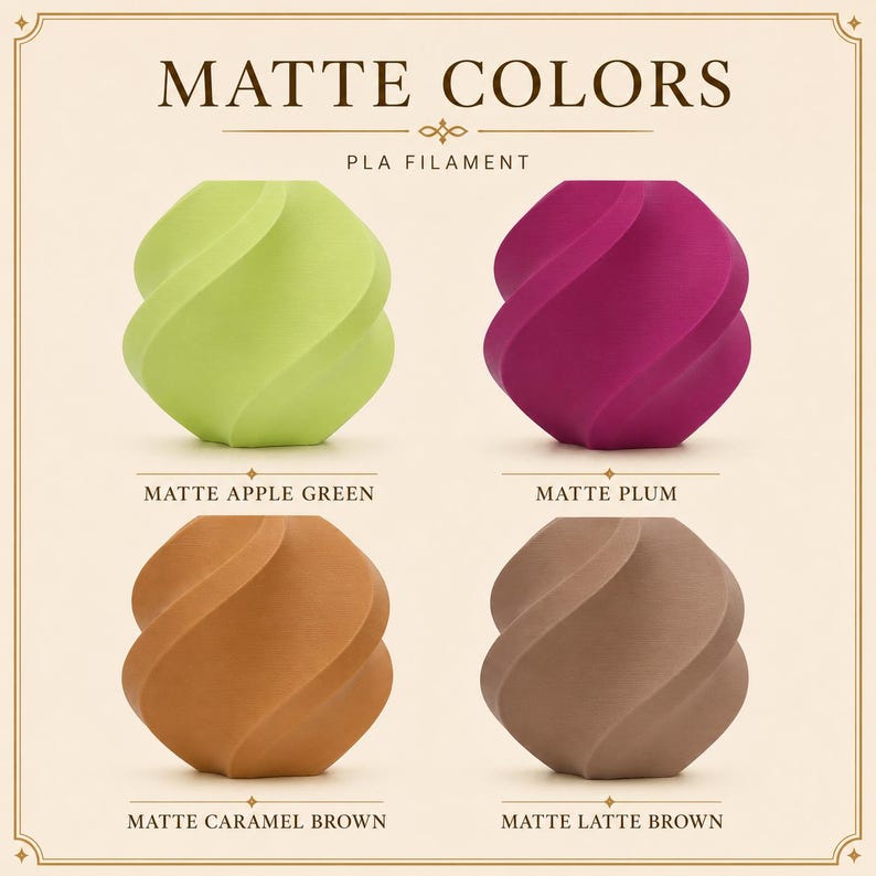 May include: Image showcasing four matte-finish 3D-printed objects in various colors. The colors include matte apple green, matte plum, matte caramel brown, and matte latte brown. The text "MATTE COLORS" and "PLA FILAMENT" are displayed at the top.