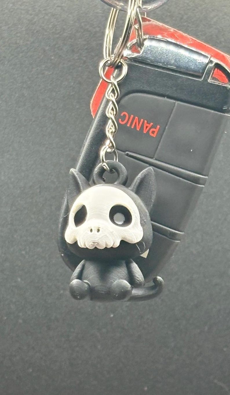 May include: A black keychain featuring a small, stylized cat-like figure with a skull-like face. The keychain is attached to a car key fob with a red accent and the word "PANIC" visible.