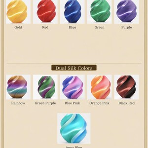 May include: An image showcasing a variety of silk colors, including gold, red, blue, green, and purple. Dual silk colors like rainbow, green purple, blue pink, orange pink, black red, and aqua blue are also displayed. The text "PREMIUM COLORS" is at the top.