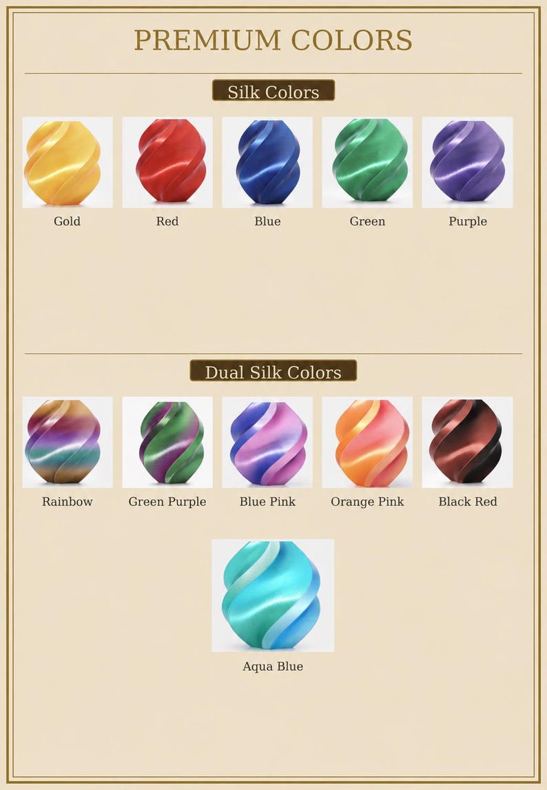 May include: An image showcasing a variety of silk colors, including gold, red, blue, green, and purple. Dual silk colors like rainbow, green purple, blue pink, orange pink, black red, and aqua blue are also displayed. The text "PREMIUM COLORS" is at the top.