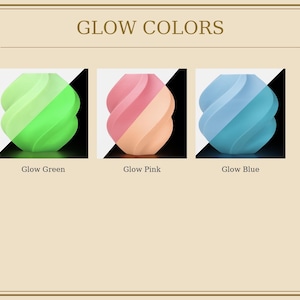 May include: The image displays three glowing, swirled objects in green, pink, and blue. The text "GLOW COLORS" is at the top, with each object labeled below: "Glow Green," "Glow Pink," and "Glow Blue."