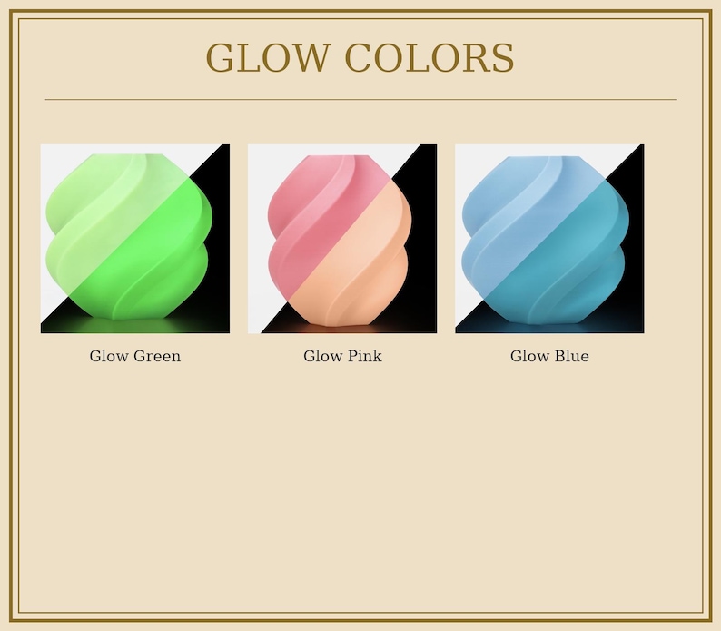 May include: The image displays three glowing, swirled objects in green, pink, and blue. The text "GLOW COLORS" is at the top, with each object labeled below: "Glow Green," "Glow Pink," and "Glow Blue."