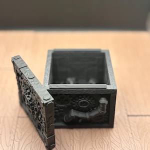 Steampunk Dice Vault with Rail secured Lid - Fantasy Dice Storage Box for TTRPG/