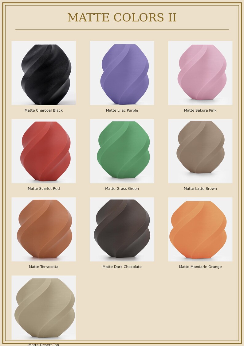 May include: A product display featuring nine matte-finish decorative vases in various colors, including black, purple, pink, red, green, brown, orange, and tan. The vases have a unique, twisted design. The text "MATTE COLORS II" is at the top.