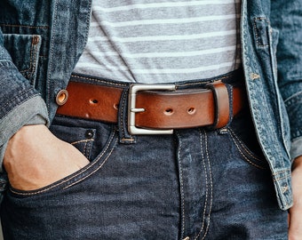 Men's Leather Belt, Rustic Leather Belt, - Antiqued Brown, 1.5" wide with solid brass roller buckle