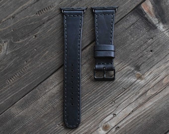 Apple Watch Strap - Black Full Grain Vegetable Tanned Leather