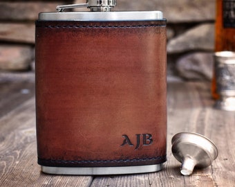 Leather Wrapped Stainless Steel Hip Flask with Monogram - Personalized Handmade groomsmen gift bridal party gift father's day gift