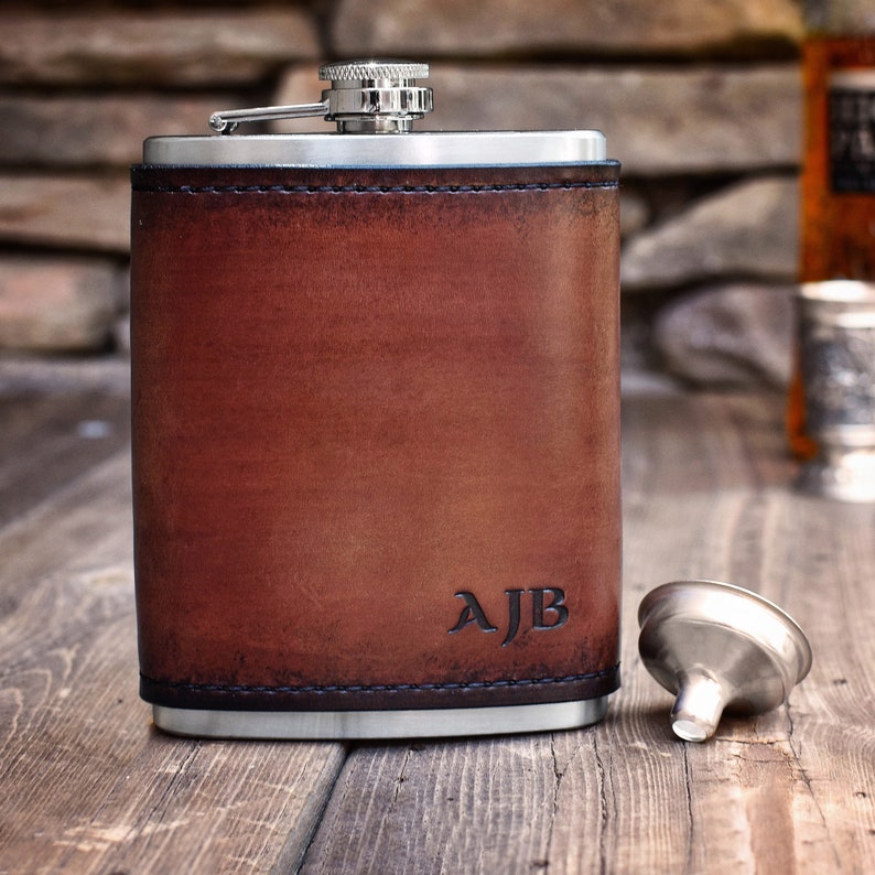 Leather Wrapped Stainless Steel Hip Flask with Monogram Personalized Handmade groomsmen gift bridal party gift father's day gift image 1