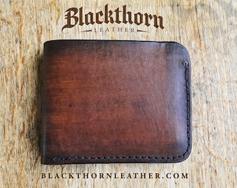 Slim Minimalist Design Leather Bi-Fold Wallet w/ Personalization Monogram or Celtic Stamp