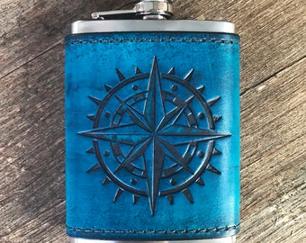 Handmade Leather Wrapped Stainless Steel Flask with Compass Rose - Groomsmen Gift Bridal Party Gift