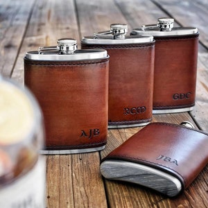 Leather Wrapped Stainless Steel Hip Flask with Monogram Personalized Handmade groomsmen gift bridal party gift father's day gift image 5