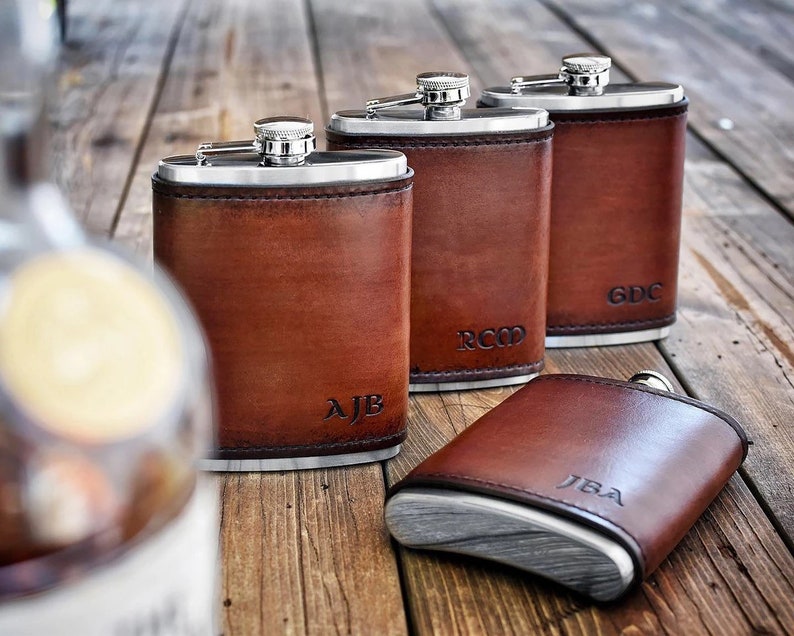 Leather Wrapped Stainless Steel Hip Flask with Monogram Personalized Handmade groomsmen gift bridal party gift father's day gift image 5