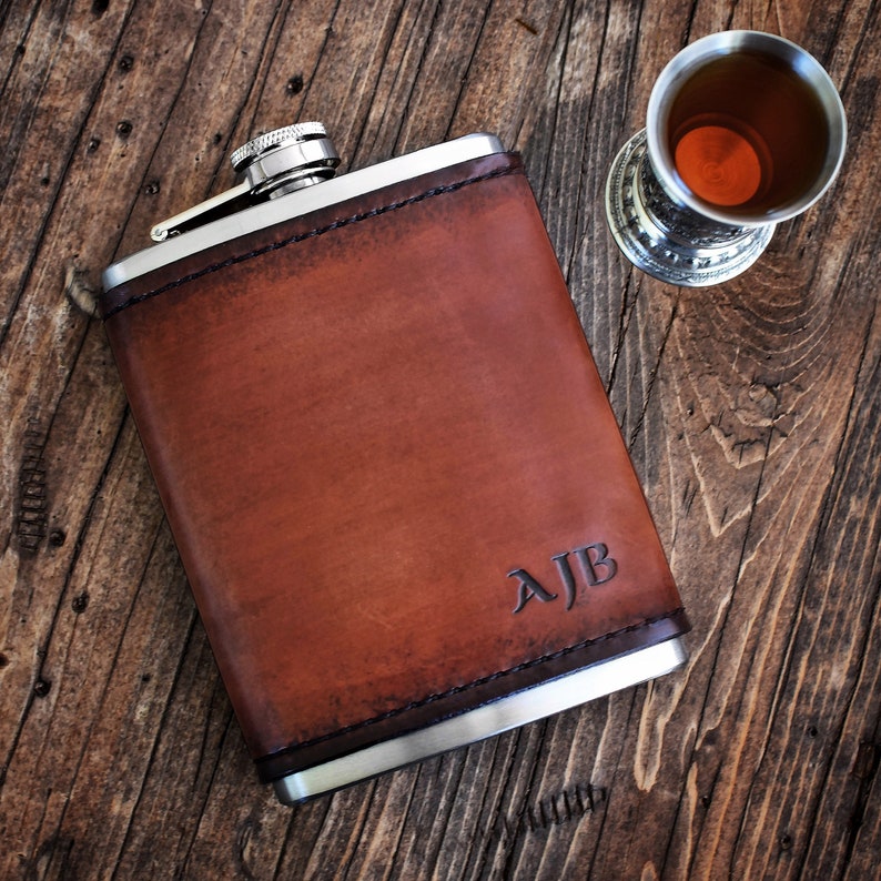 Leather Wrapped Stainless Steel Hip Flask with Monogram Personalized Handmade groomsmen gift bridal party gift father's day gift image 3