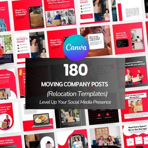 May include: A collection of 180 moving company social media post templates. The templates are red and white with various graphics and text, including "Would You Rather Pack or Unpack?" and "Need Extra Space? We've Got Storage!"