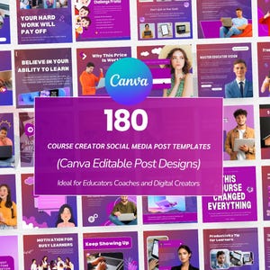 Può includere: Una raccolta di 180 modelli di post sui social media per creatori di corsi, progettati con Canva. I modelli presentano uno schema di colori viola e rosa con sovrapposizioni di testo e immagini relative all'istruzione e all'apprendimento online.