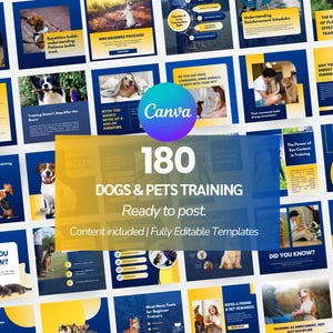 Puede incluir: Un collage de 180 plantillas de publicaciones en redes sociales para el entrenamiento de perros y mascotas. Las plantillas presentan una variedad de imágenes de perros y gatos, así como texto sobre diferentes temas de entrenamiento. Las plantillas están listas para publicar y son totalmente editables.