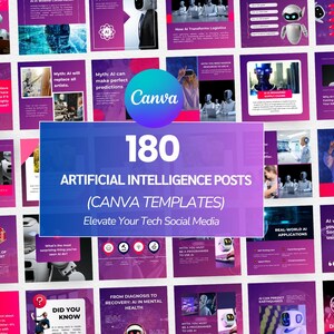 May include: A collection of 180 Artificial Intelligence posts, Canva templates, in shades of purple and white. The text includes "Elevate Your Tech Social Media" and various AI-related topics. The image features robot illustrations and text such as "Myth: AI can make perfect predictions."