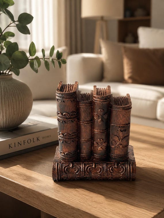 A pen holder disguised as a battered antique book — handmade resin trickery that makes your desk look like a Victorian library prop.