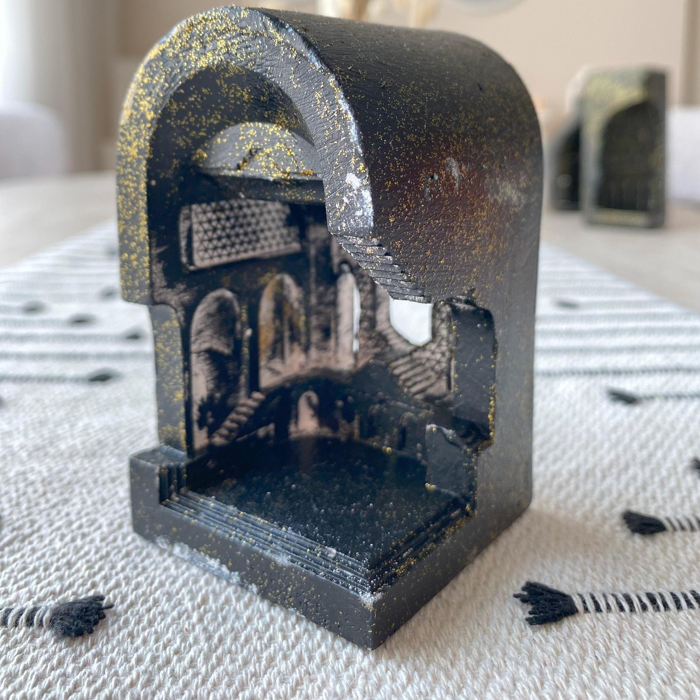 Handmade Concrete Black&Gold Decor | Retro Rustic Architectural Art | Vintage Distressed Sculpture Gift | Vintage Distressed Black Art Piece
