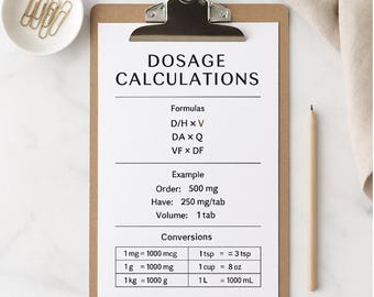 Foglio riassuntivo per il calcolo del dosaggio / Regalo per studenti di infermieristica, formule matematiche per farmaci, guida di studio di farmacologia NCLEX in PDF