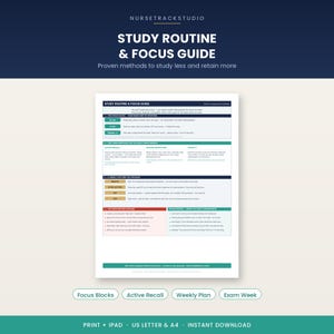 May include: A digital study routine and focus guide document featuring sections on focus blocks, active recall, spaced repetition, and weekly planning. The text includes headers like Study Routine & Focus Guide and NurseTrackStudio.
