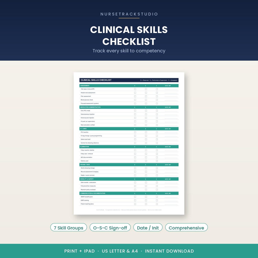 Clinical Skills Checklist – Nursing Competency Tracker, Skills ...