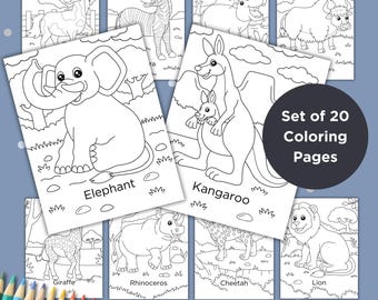 May include: A set of 20 coloring pages featuring various animals, including an elephant, kangaroo, lion, and giraffe. Each page has a black and white illustration with the animal's name below. The pages are arranged on a blue background with colorful pencils.