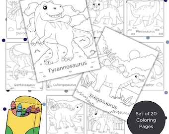 Dinosaurus kleurplaten, set van 20, creatieve activiteit, dinosaurus afdrukbaar, dinosaurusactiviteit voor kinderen, kleurplaten voor kinderen, tyrannosaurus