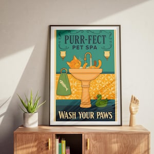 Cat Lover Gift, Bathroom Decoration Print, Cat Wall Hanging, Decore Wall, Wash Your Paws Poster, Restroom Home Decor, Feline Art