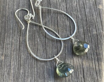Hand Hammered Silver Teardrop Hoop with and Moss Aquamarine Drop  Earrings