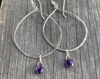 Hand Hammered Silver Teardrop Hoop with Amethyst  Earrings