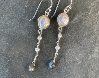 Bezel-Set Freshwater Pearl with Pearl and Labradorite Drop Sterling Silver Earrings