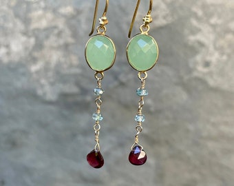 Bezel-Set Green Chalcedony with Blue Topaz and Garnet Drop Gold Vermeil Earrings