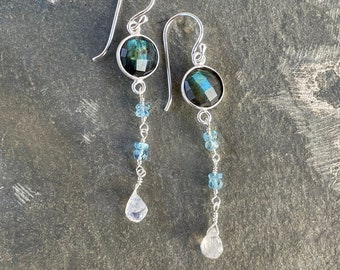 Bezel-Set Blue Labradorite with Apatite and Moonstone Drop Sterling Silver Earrings