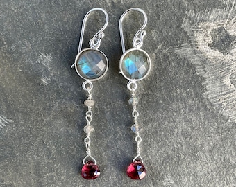 Bezel-Set Labradorite, Labradorite Rondelles and Garnet Drop Sterling Silver Earrings