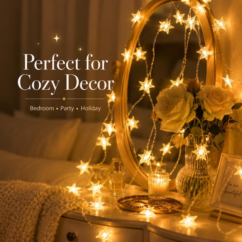 May include: A string of warm white star-shaped fairy lights draped over a vanity. The lights are illuminating a bedroom scene with a mirror, flowers, and a candle. Text reads "Perfect for Cozy Decor".