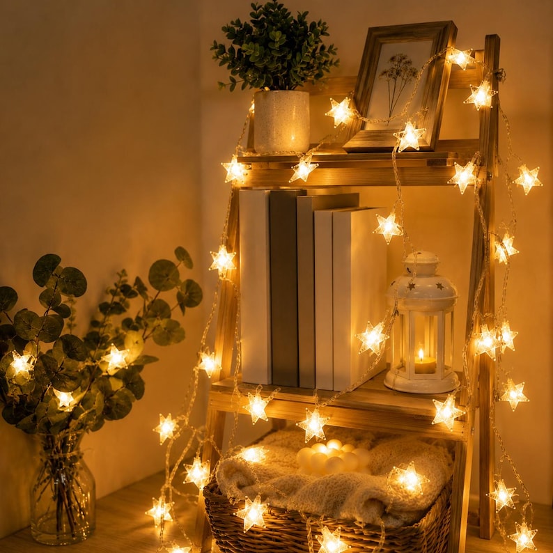 May include: A warm, inviting scene featuring a wooden shelf decorated with a string of glowing star-shaped lights. The shelf holds books, a framed picture, a white lantern, and a potted plant. A wicker basket with a blanket sits below.