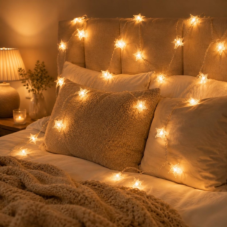May include: A warm, inviting bedroom scene features a bed adorned with soft pillows and a cozy blanket. A string of glowing star-shaped lights is draped across the headboard, casting a soft, golden light, creating a relaxing ambiance.
