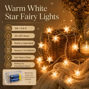 May include: Warm white star-shaped fairy lights. The string lights are 9.8 ft long and have 20 LED stars. They are battery-operated and require 2 AA batteries. The lights have a soft, warm glow and are perfect for cozy room decor.