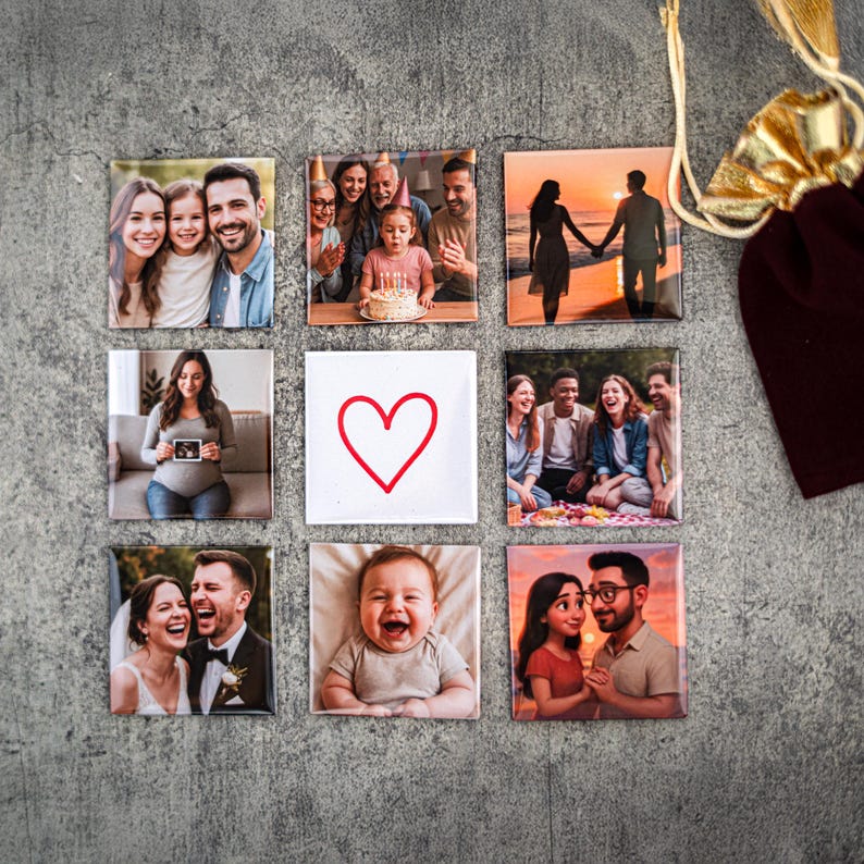 May include: Nine square photo magnets featuring various images of families and couples. The magnets are arranged in a grid pattern on a grey background. A red heart is in the centre of the grid.