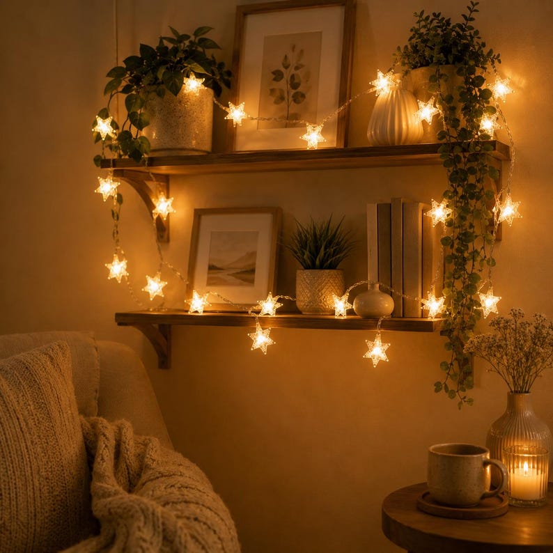 May include: A warm, inviting interior scene featuring a string of star-shaped fairy lights draped across wooden shelves. The shelves hold potted plants, framed artwork, and decorative items. A cozy ambiance is created by the soft glow of the lights.