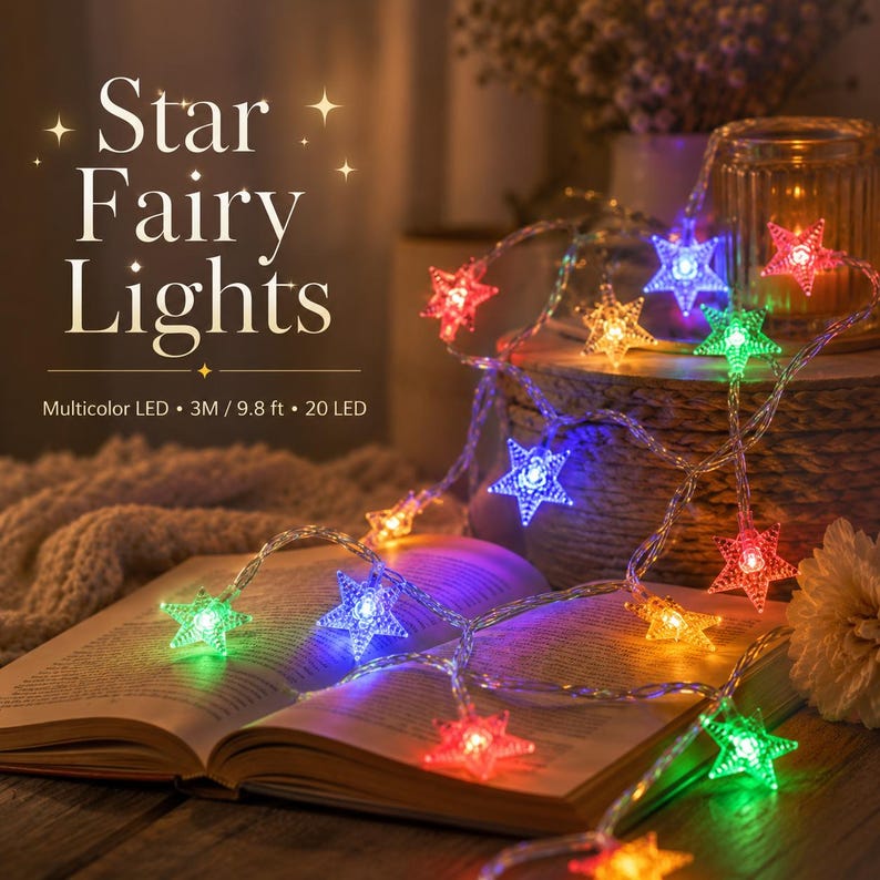 May include: A string of multicolored LED star-shaped fairy lights. The lights are strung on a clear wire and are displayed on an open book. The text on the image reads "Star Fairy Lights" and "Multicolor LED &bull; 3M / 9.8 ft &bull; 20 LED".